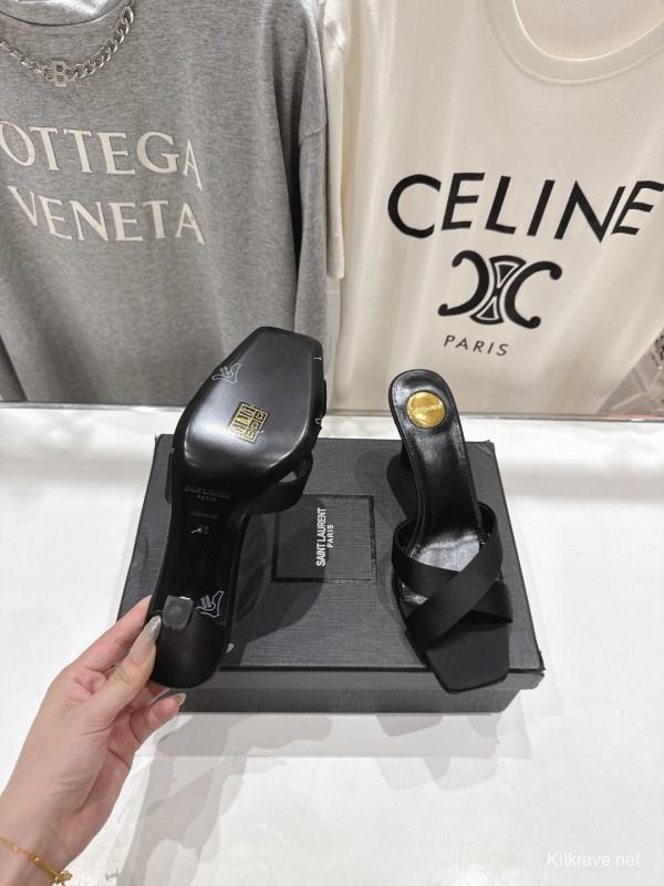 2025 Women Yves Saint Laurent Black Leather High Heel Slide Sandals With Gold Medallion Detail - LY00360(F)