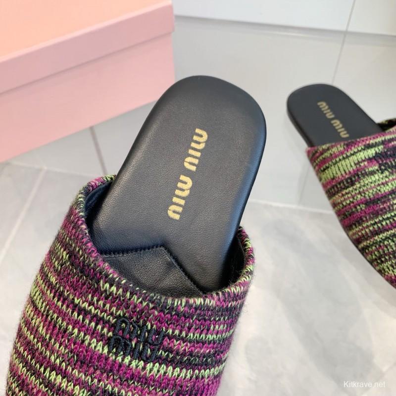 2025 Miumiu Purple Green Black Knitted Slippers