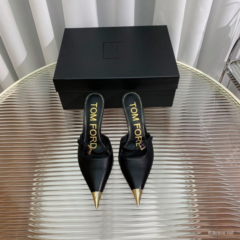 2025 Women TOM FORD Black Gold Leather Heeled Mules KFY00300