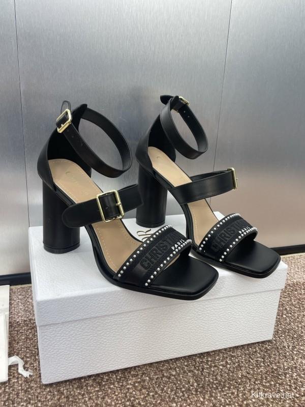 2025 Women Dior Black Leather High Heel Sandals Studded KFY00320
