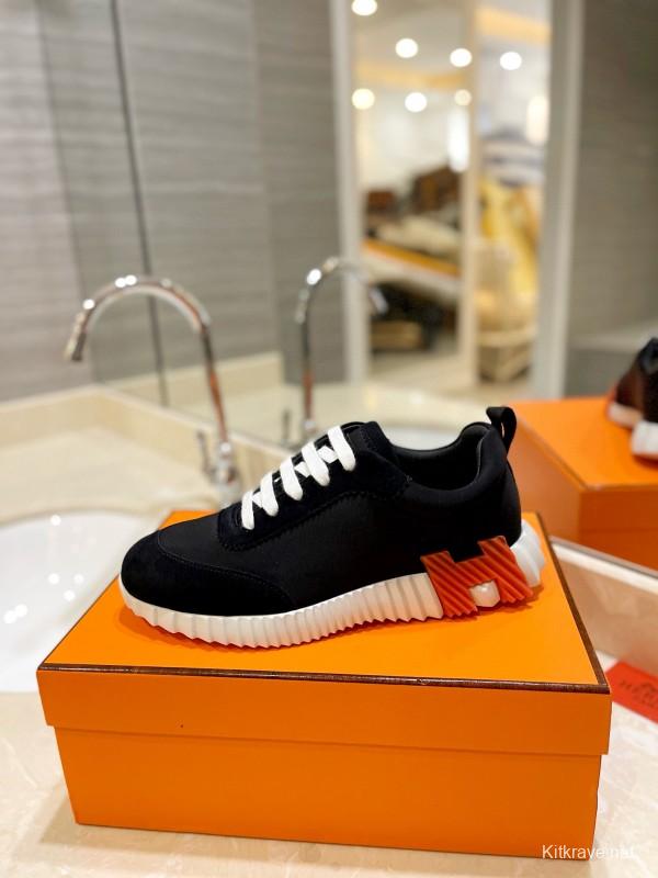 2024 Unisex Hermès Black Orange Imported Silk Calfskin Sneakers MJ00320