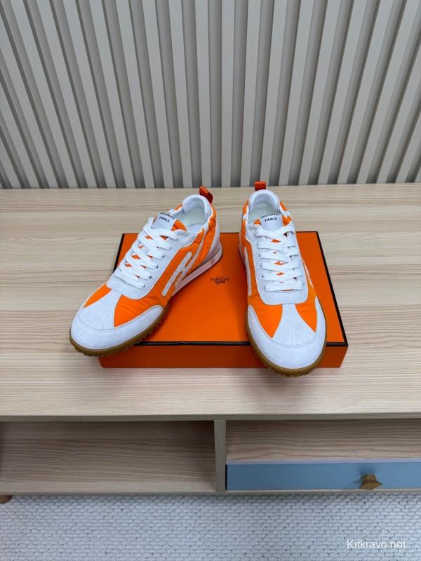 2025 Unisex Hermès White Orange Suede Mesh Sneakers KFY00300