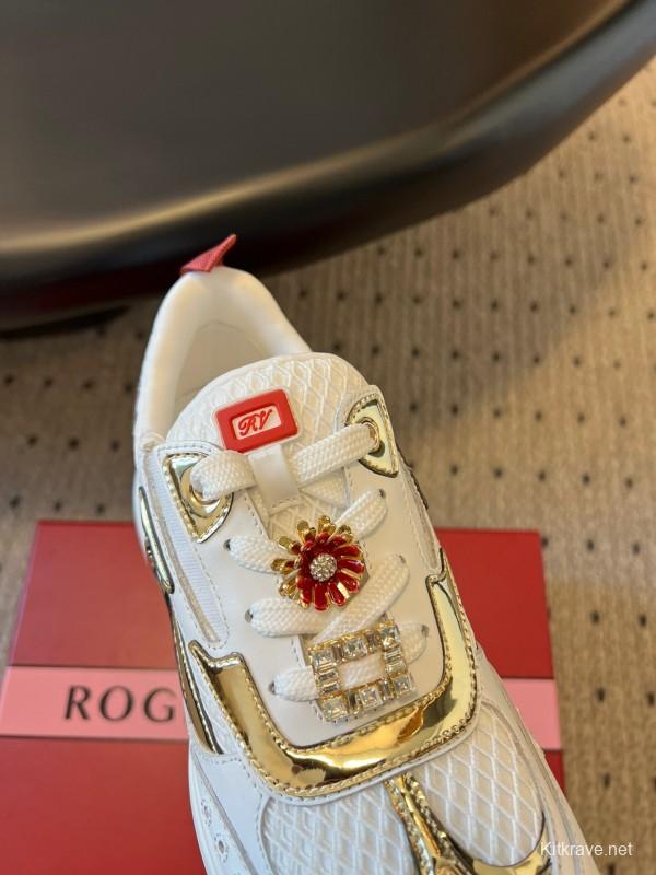 2025 Women Roger Vivier White Gold Leather Mesh Sneakers KFY00380