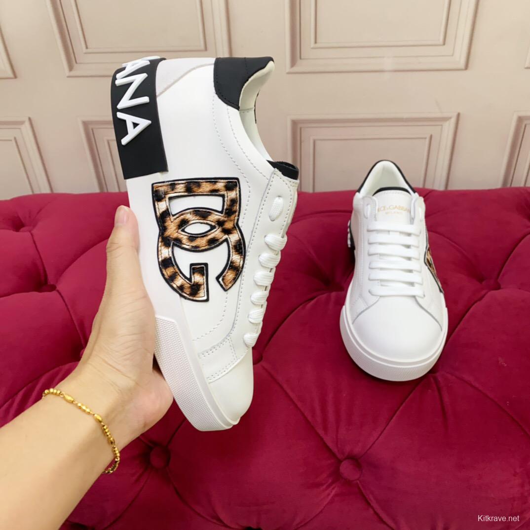 2025 Women Dolce & Gabbana White Leopard Print Leather Sneakers LY00300