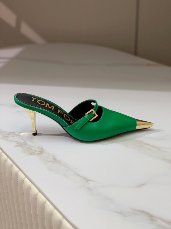 2025 Women TOM FORD Green Gold Leather Pointed Toe Mules KFY00300