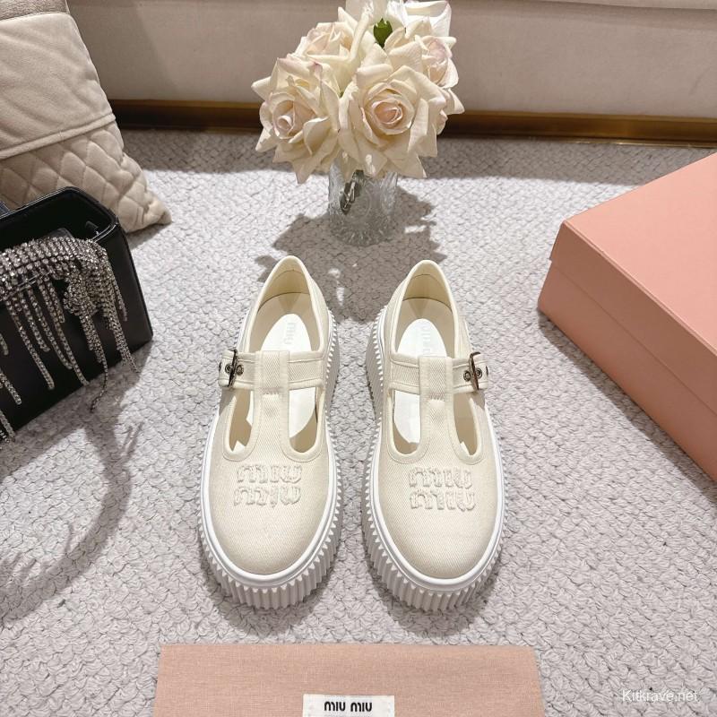 2025 Women Miu Miu White Canvas Platform Mary Jane LY00270