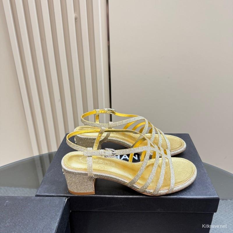 2025 Women Chanel Gold Leather Sandals KFY00290