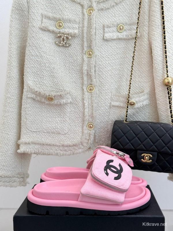 2025 Women Chanel Pink Fabric Slippers KFY00220