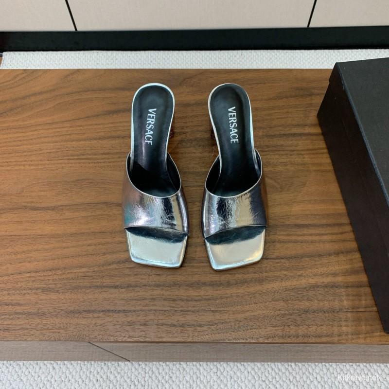 2025 Women VERSACE Silver Leather Slippers
