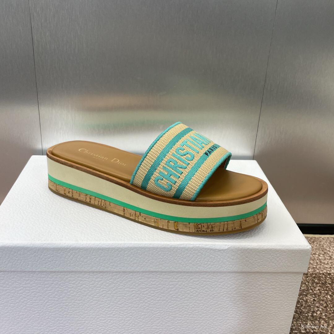 2025 Women Dior Blue Beige Fabric Leather Platform Slide Sandals
