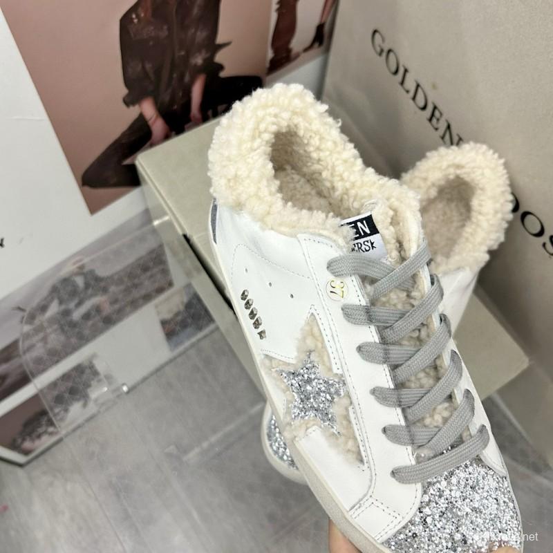 2025 Women GGDB White Gray Shearling Leather Sneakers