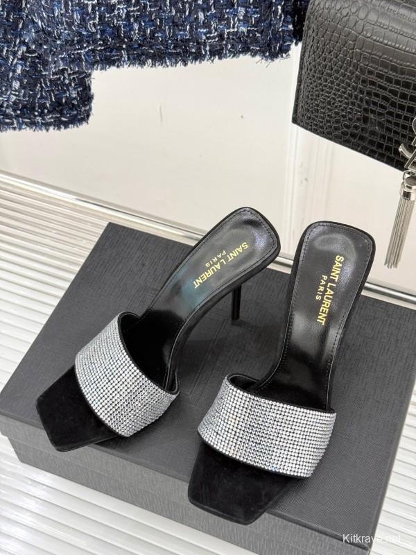 2025 Women Yves Saint Laurent Black Silver Crystal Leather Heeled Slippers LY00300