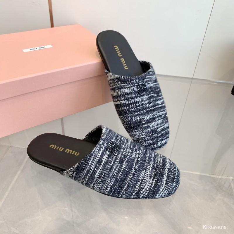 2025 Women Miu Miu Black White Knit Leather Slippers