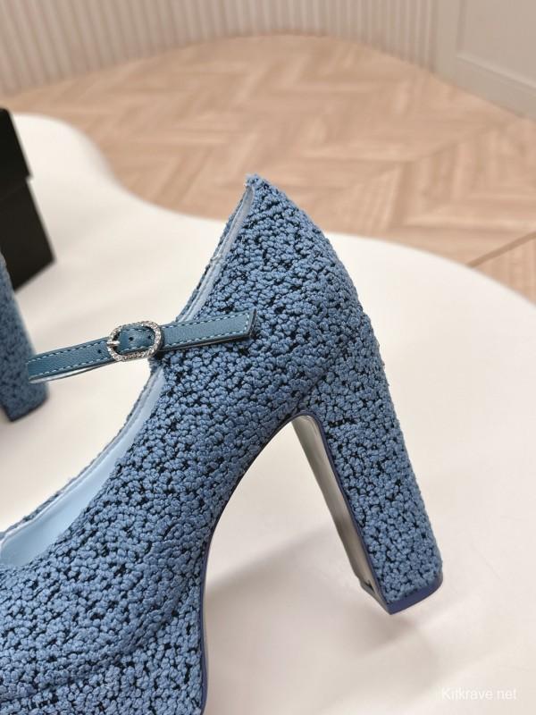 2025 Women Chanel Blue Black Tweed Leather Platform Pumps KFY00330
