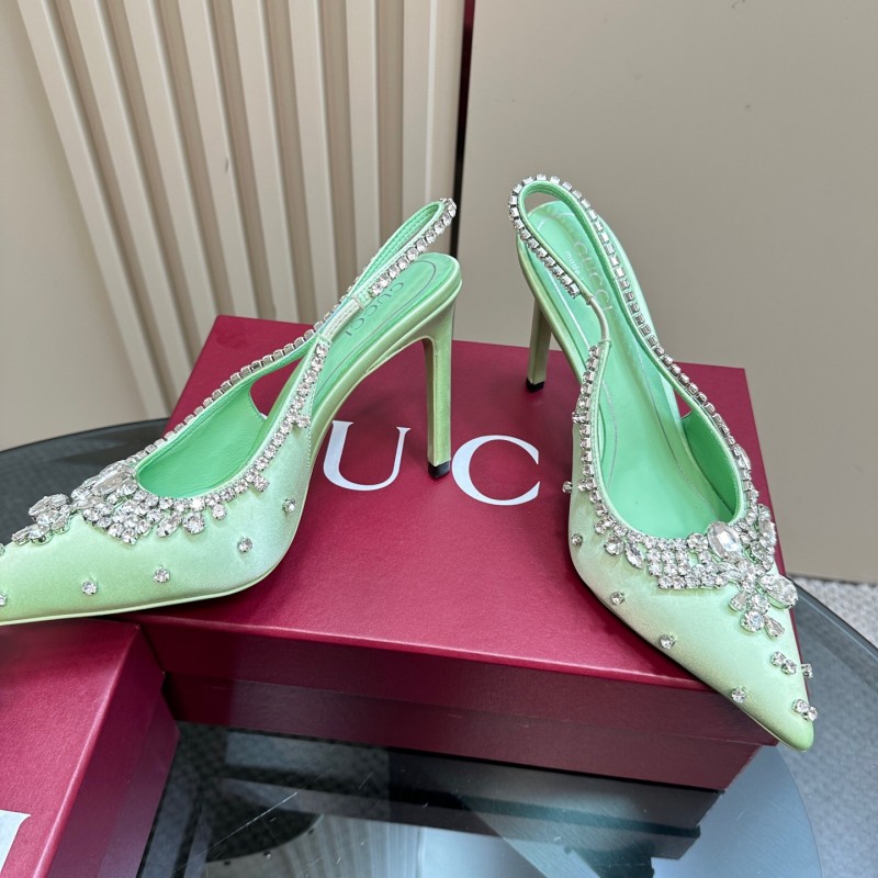 2025 Women Gucci Green Satin Slingback High Heel Crystal Embellished KFY00340