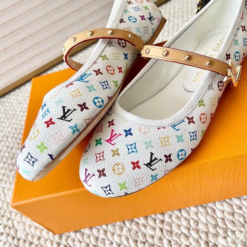 2025 Women Louis Vuitton White Multicolor Leather Ballet Flat