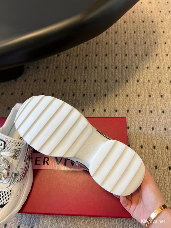 2025 Women Roger Vivier White Black Leather Synthetic Fabric Sneakers KFY00380