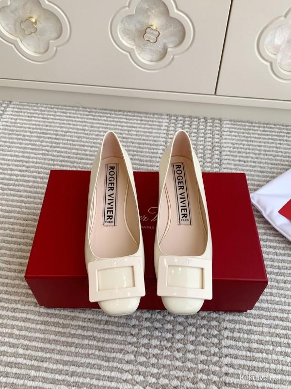 2025 Women Roger Vivier White Patent Leather Pumps Square Buckle
