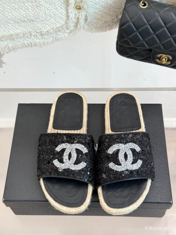 2025 Women Chanel Black Sequin Espadrille Slides Classic Double C Logo Handmade Braided Sole KFY00240(F)