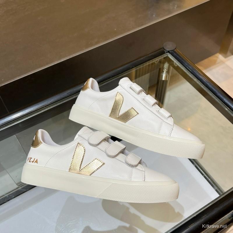2025 Women VEJA White Gold Leather Strap Sneakers