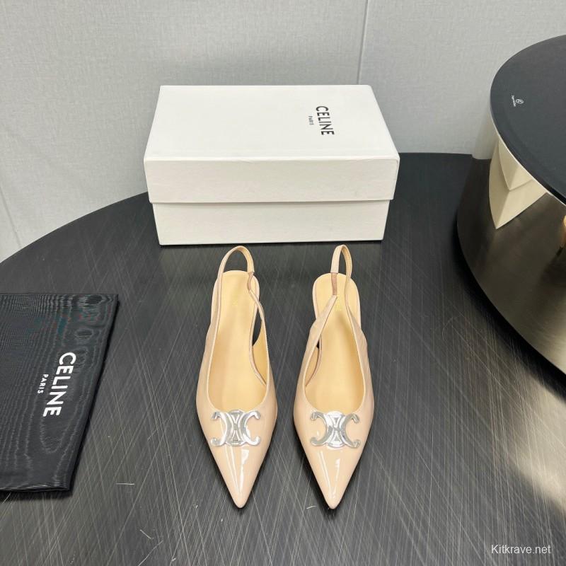 2025 Women Celine Beige Leather Slingback Shoes Metal Buckle