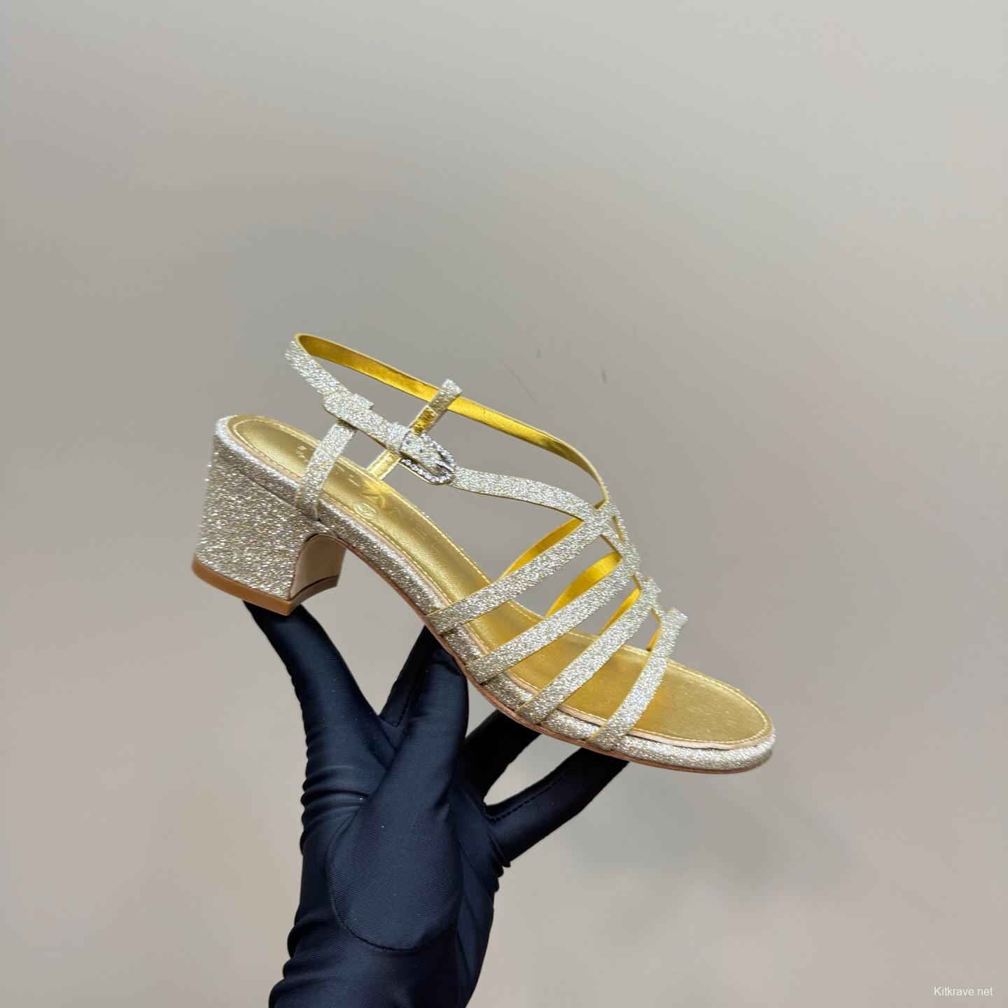 2025 Women Chanel Gold Leather Sandals KFY00290