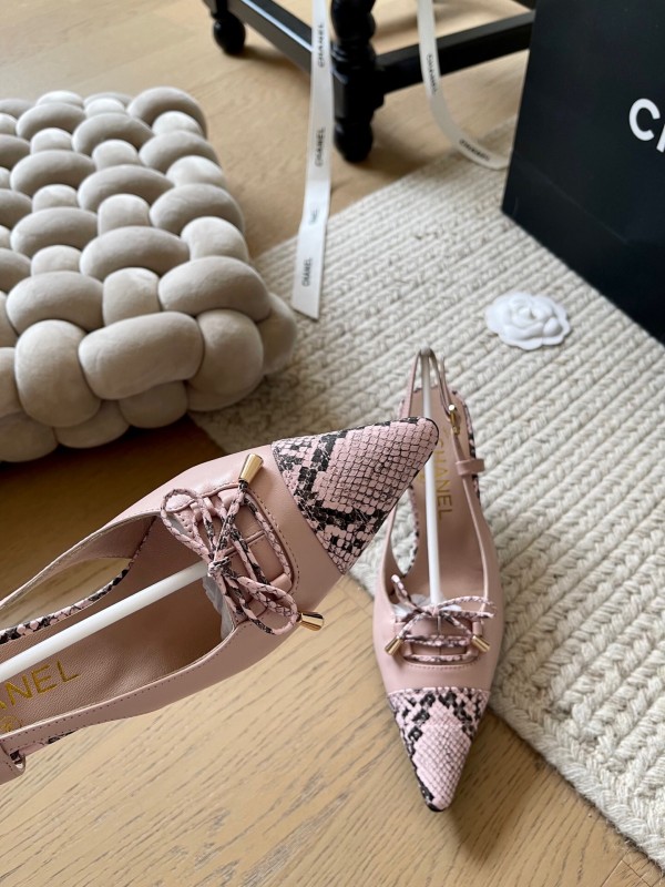 2025 Women Chanel Pink Python Leather Bow High Heels KFY00320