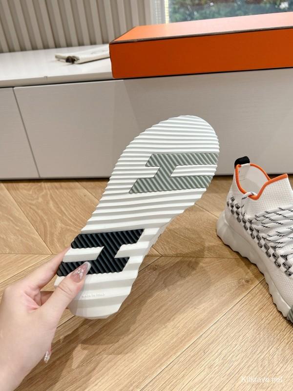 2024 Unisex Hermès White Black Orange Knit Sneakers