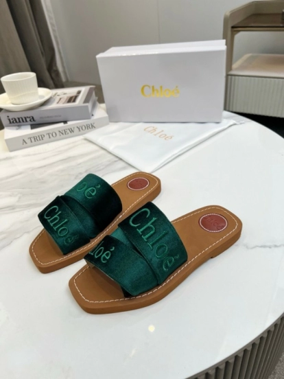 2025 Women Chloé Green Velvet Slippers
