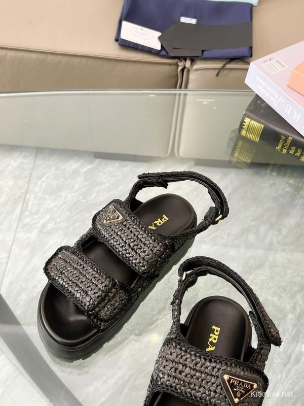 2025 Women Prada Black Woven Leather Platform Sandals LY00300