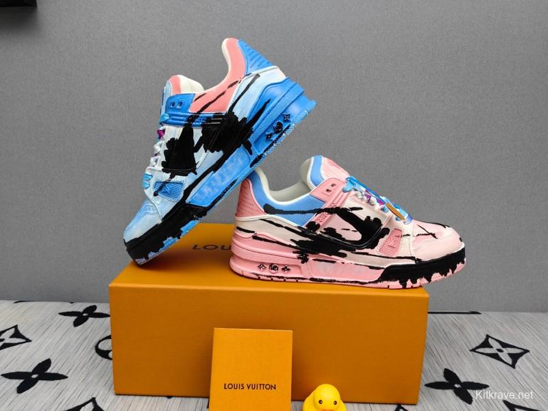 2025 Unisex Louis Vuitton Pink Blue Leather Canvas Plimsolls Hand Painted KFY00620