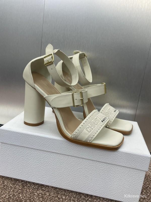 2025 Women Dior White Calfskin Leather Embroidered Sandals KFY00320