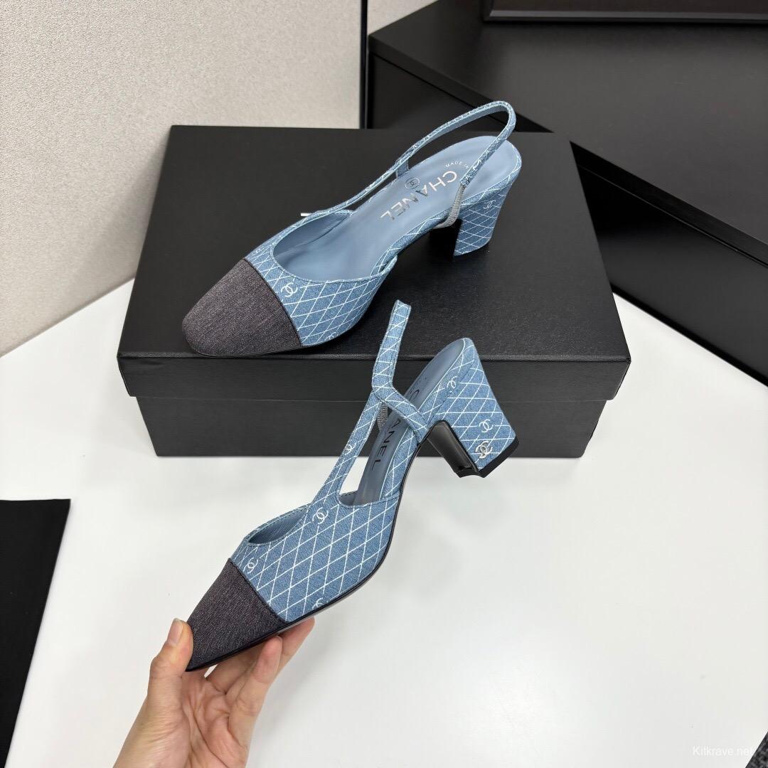 2025 Women Chanel Blue Grey Denim Leather Slingback Shoes