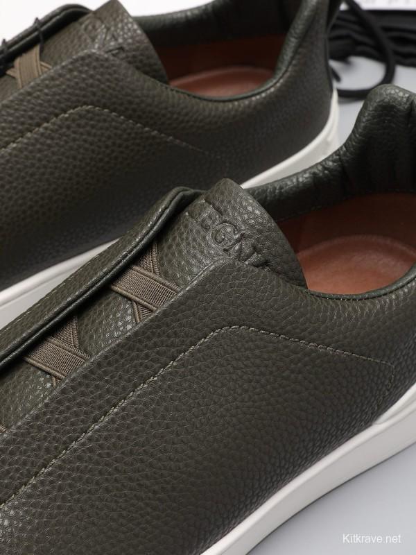 2024 Men Ermenegildo Zegna Dark Green Leather Sneakers MJ00240