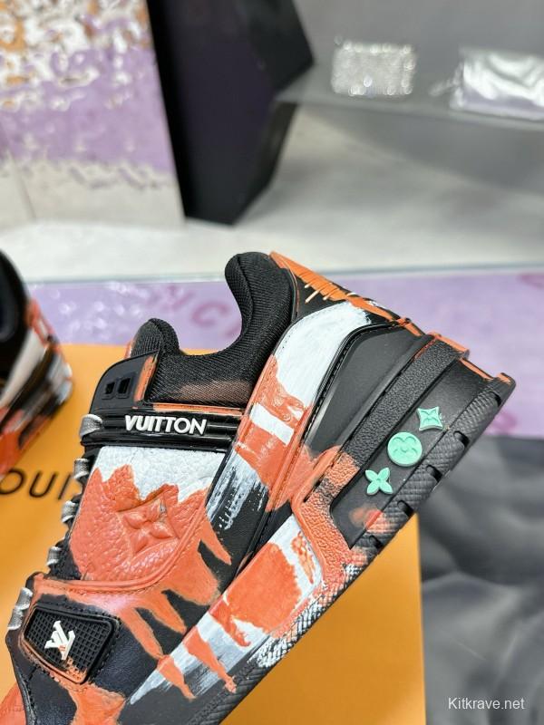 2024 Unisex Louis Vuitton Orange Black White Leather Denim Plimsolls Artist Hand-drawn MJ00780