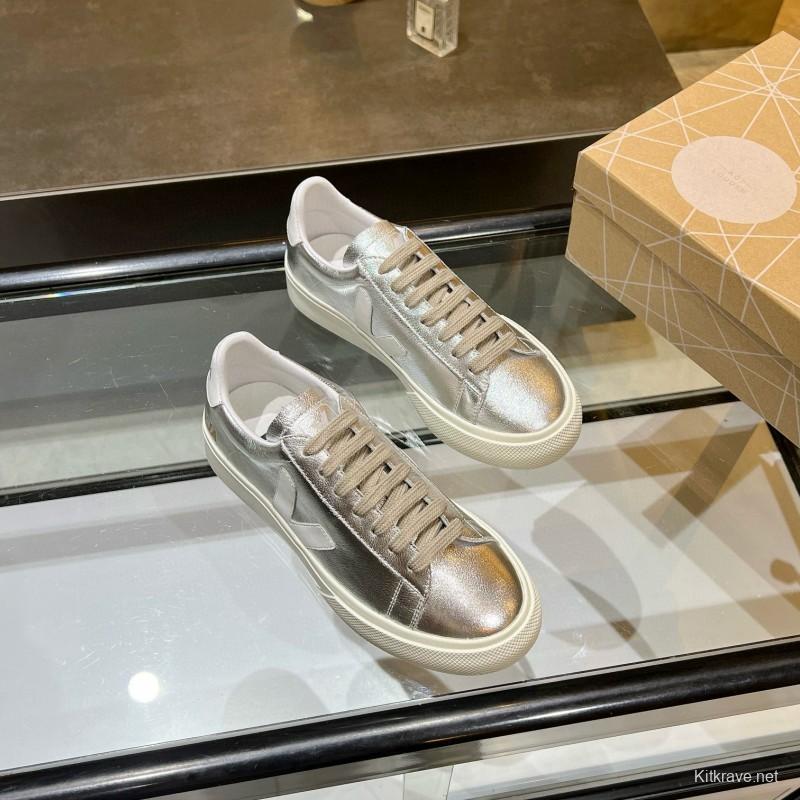 2025 Unisex VEJA Silver Leather Canvas Vulcanized Sneakers MJ00240