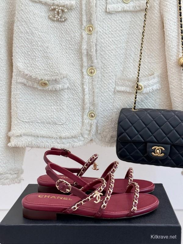 2025 Women Chanel Red Lambskin Chain Strap Sandals