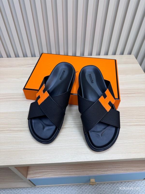 2025 Slippers Hermès Black Orange Leather Slippers