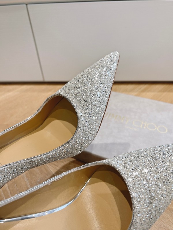2025 Women Jimmy Choo Silver Glitter Leather Pointed Toe Pumps KFY00280