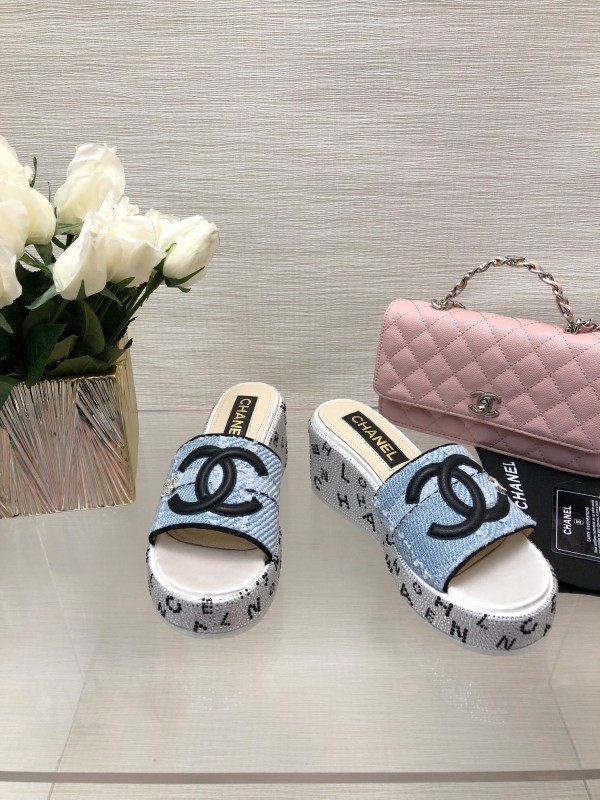 2025 Women Chanel Blue Denim Canvas Slippers LY00320