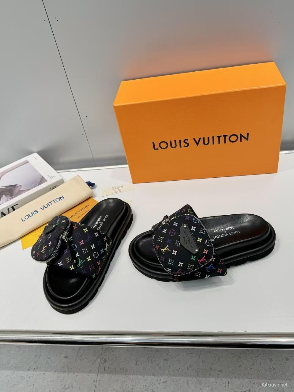 2025 Women Louis Vuitton Black Colorful Canvas Slippers Monogram KFY00230