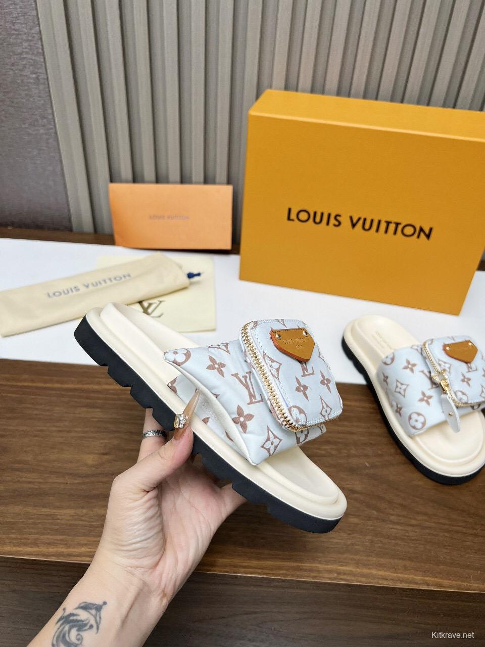 2025 Women Louis Vuitton White Brown Canvas Slippers KFY00230