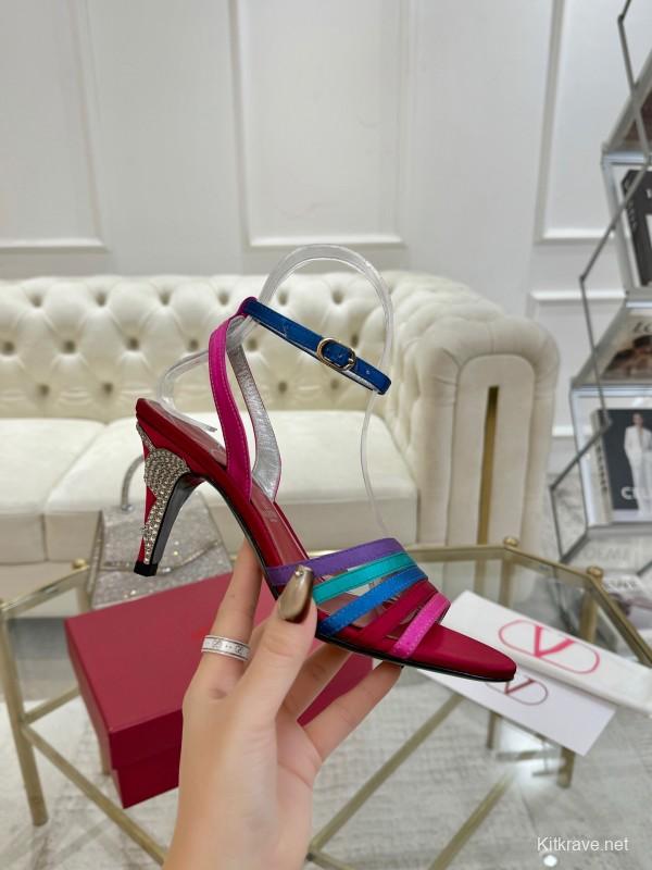 2025 Women Valentino Red Blue Green Pink Leather Suede High Heel Sandals LY00310