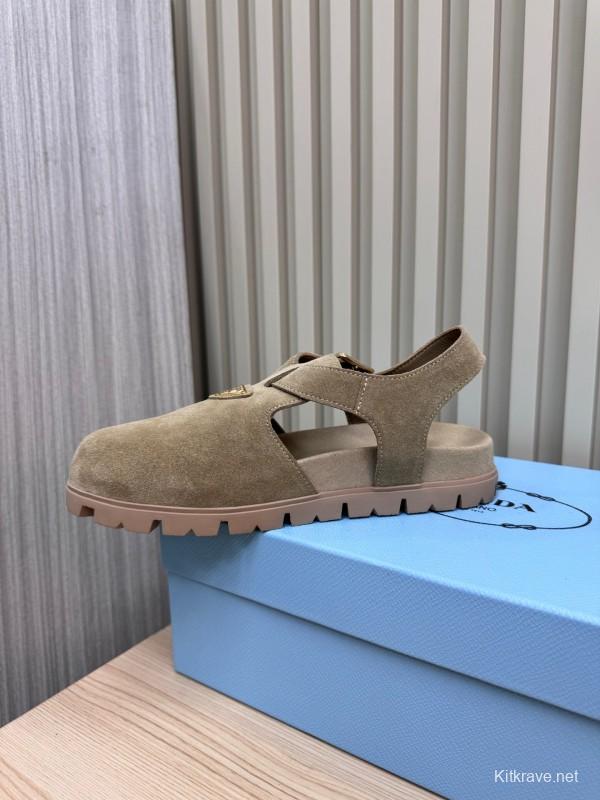 2025 Women Prada Khaki Suede Sandals LY00280
