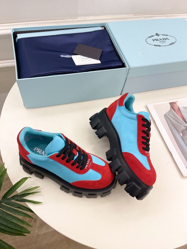2025 Unisex Prada Blue Red Suede Silk Casual Sneakers KFY00310(F)/KFY00330(M)