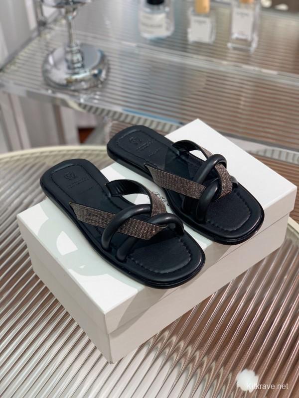 2025 Women Brunello Cucinelli Black Leather Flat Slides With Handwoven Beaded Straps KFY00300 (F)