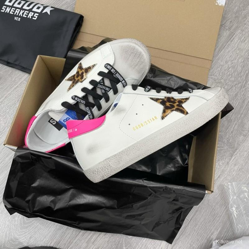 2025 Women GGDB White Pink Leopard Print Leather Sneakers
