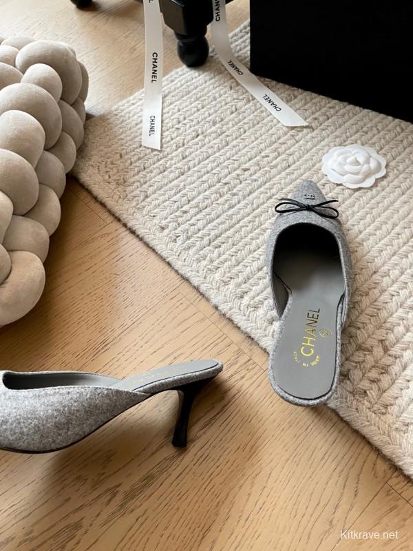 2025 Women Chanel Grey Fabric Pointed Toe Mules KFY00290