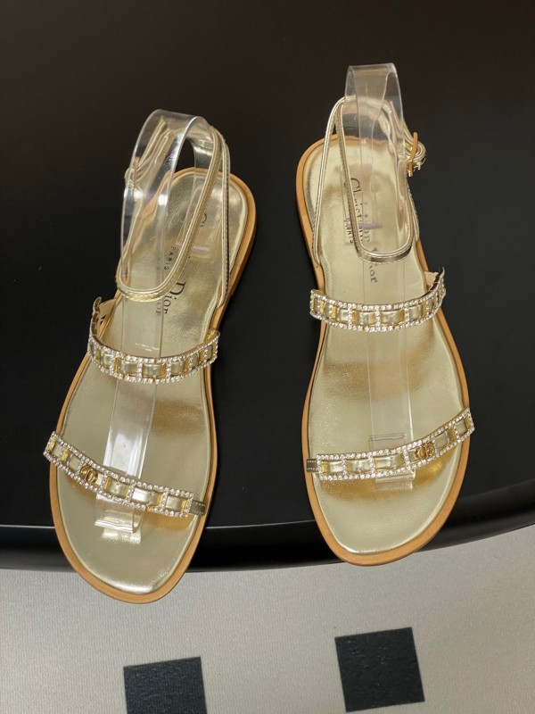 2025 Women Dior Gold Leather Sandals Crystal Embellishment
