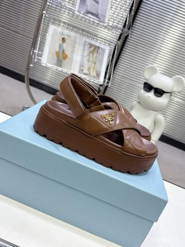 2025 Women Prada Brown Leather Sandal